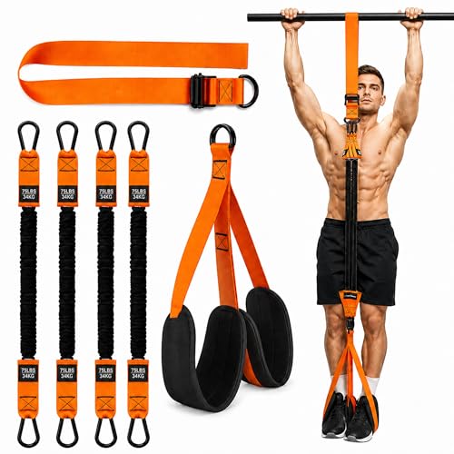 Pull Up Assistance Bands with Foot and Knee Support, Adjustable Pull Up Assist System with 4 Heavy Duty Resistance Bands, Strength Training Equipment for Men and Women, Suitable for Horizontal bar - color: orange color