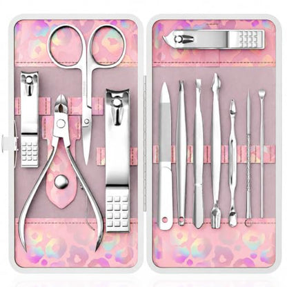 Nail Clippers Kit Manicure Pedicure Set with Holographic Case(Pink) | 12-Piece Set with Thicker Steel, Precision-ground Cutting Edges, and Smooth-finished Tools for Clean, Precise Trimming. - color: Pink