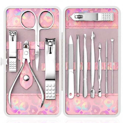 Nail Clippers Kit Manicure Pedicure Set with Holographic Case(Pink) | 12-Piece Set with Thicker Steel, Precision-ground Cutting Edges, and Smooth-finished Tools for Clean, Precise Trimming. - color: Pink