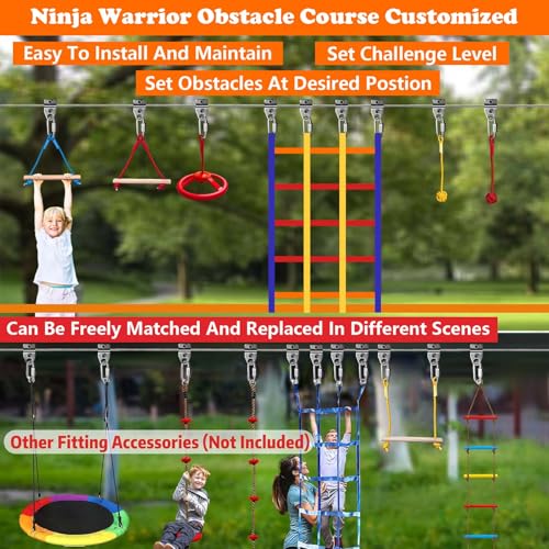 2x65FT Ninja Warrior Obstacle Course for Kids Outdoor, | Stainless Steel Rope, Bottom Slackline, 14 Ninja Course Children Toy Accessories, Climbing Net, Swing, CPSC Approval - size: 65FT 14Pcs Bottom Rope