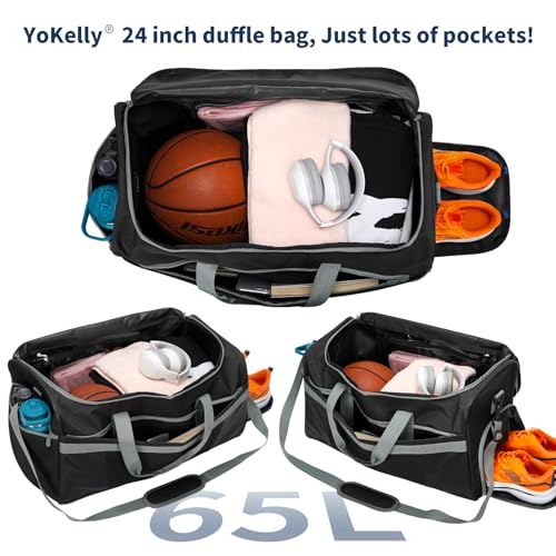 65L Gym Bag for Men, Wet Pocket, Shoe Compartment, 24 inch, Black | 8 Compartments / Pockets, Spacious, Large Sports Duffle Bag for Weekend Travel - color: Black