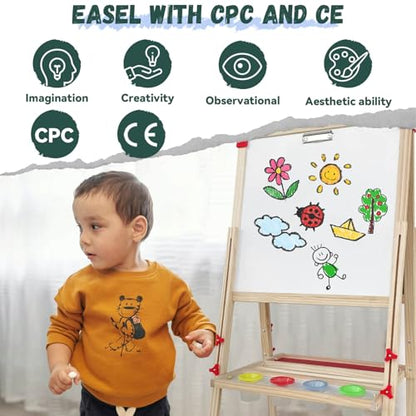 Adjustable Wooden Art Easel for Kids,Double Sided Chalkboard & Whiteboard | Drawing & Painting Station with 114+ Art Supplies,Height Adjustable Magnetic Board for Toddlers Ages 3-12,2 Paper Rolls - color: green
