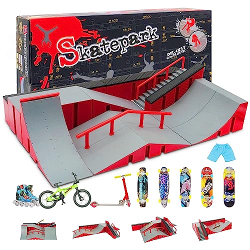 Finger Skateboard Park Kits (9 in 1),Finger Skateboard Ramp Set with 5 Fingerboards, Finger Scooter,Finger Bike,Finger Skateshoes and Finger Pants,Skateboard Toys Christmas Birthday Gift for Kids