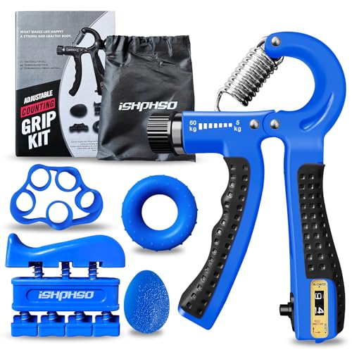 Adjustable Grip Strength Trainer Kit 5-in-1 with Counter, Hand Gripper & Finger Exerciser for Forearm Strength, Physical Therapy for Carpal Tunnel & Arthritis, Portable Workout Equipment for Rock Climbing & Gym, Gifts for Men - color: Blue
