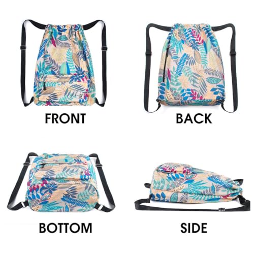 Drawstring Backpack with Mesh Pockets String Gym Bag Sackpack Sandproof Water Resistant Beach Backpack for Men Women - color: 01-gray Leaves