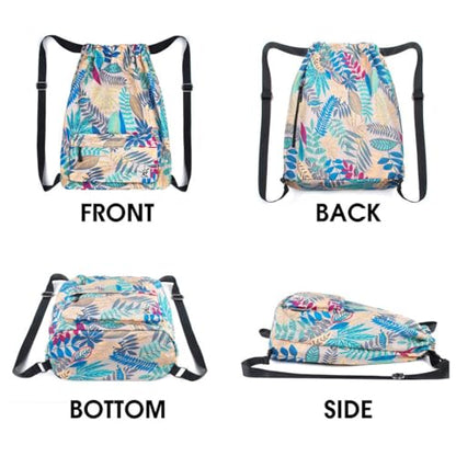 Drawstring Backpack with Mesh Pockets String Gym Bag Sackpack Sandproof Water Resistant Beach Backpack for Men Women - color: 01-gray Leaves