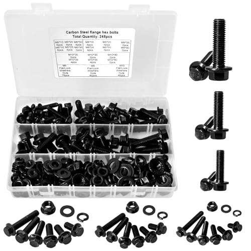 248PCS Flanged Hex Head Bolts, Hakkin Black Metric Bolt m6 m8 m10 Machine Screw Assortment Kit, M6-1.0 M8-1.25 M10-1.5 Flanged Screws Nuts Flat Spring Washers, Assorted Screws Nuts - size: 248PCS M6 M8 M10 Flanged Bolts Black