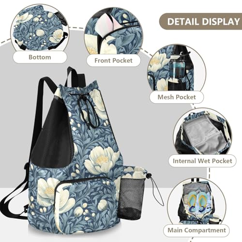 Drawstring Backpack Climbing Gym Bag With Inside Pockets String Back Bag Waterproof Vintage Flowers Pattern