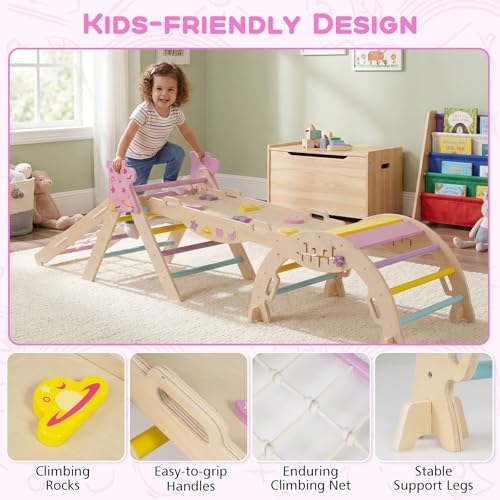 HONEY JOY Pikler Triangle Set, 9 in 1 Foldable Wooden Triangle Climber w/Arch, Ramp, Climbing Rope & Ladder, Baby Indoor Playground Jungle Gym, Montessori Climbing Toy for Toddlers (Purple) - color: Purple