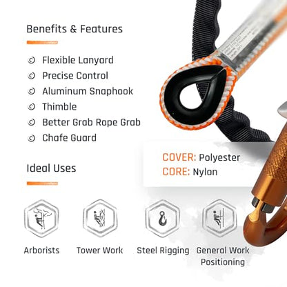 ProClimb Arborist Lanyard by Pelican Rope – 1/2 in x 12 ft Polyester, Aluminum Snap Hook, Adjustable, High Visibility, ANSI/OSHA Certified for Work Positioning, Made in the USA