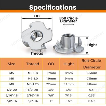 304 Stainless Steel T-Nuts 4-Pronged M6 (50 PCS) | Strong Grip, Rustproof Corrosion Resistant, Smooth Threads, Easy Insertion for Wood/Furniture/Cabinetry/Climbing Holds - size: M6