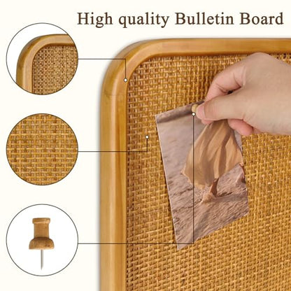 13" x 17" Bulletin Board, Round-Edged Rectangle Rattan Corkboard, Wooden Frame Boho Style Wall Organizer,3343Teng - size: 13*17 inch