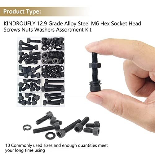 126 Pieces Black M6 x 8/10 /12/16 /20/25 /30mm Hex Socket Head Cap Screws Nuts Washers Assortment Kit, 12.9 Grade Alloy Steel - size: M6, style: Socket Head