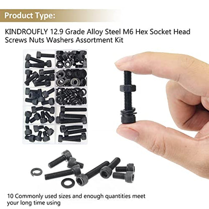 126 Pieces Black M6 x 8/10 /12/16 /20/25 /30mm Hex Socket Head Cap Screws Nuts Washers Assortment Kit, 12.9 Grade Alloy Steel - size: M6, style: Socket Head