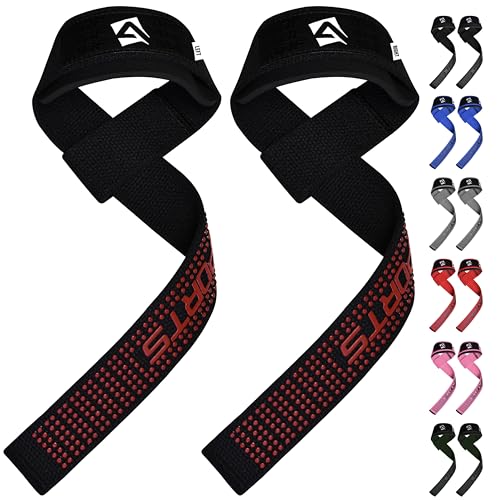 AQF Weight Lifting Straps, Padded Cotton Gym Wrist Straps for Deadlifts | 23" Extra-Long, Heavy-Duty Webbing, 5mm Neoprene Cushioning, Open-Loop Design, Sold as Pair, Ideal for Rows & Pull Workout - color: Black/Red Gel Grip