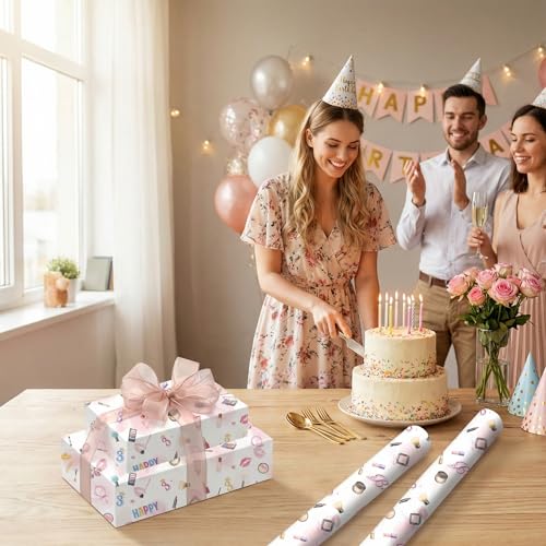 Liobelon Threenager Birthday Wrapping Paper Roll – 17" x 16.5 Ft Girl Gift Wrap with Watercolor Cosmetics & Lip Print Design, Teen Girl Party Supplies for 3rd Birthday, Daughter Sister Gift Wrap - color: Threenager