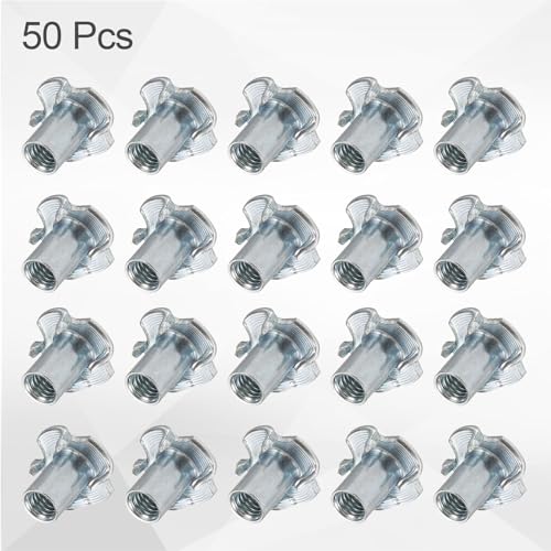 HARFINGTON M6x14mm T-Nuts 4 Pronged Tee Nut 0.69" x 0.55" Fully Thread Carbon Steel Inserts for Wood, Rock Climbing Holds, Cabinetry, Furniture 50pcs - size: M6x14mm