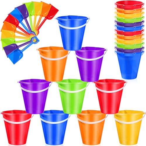 Didaey 12 Set 9 Inch Beach Sand Buckets and Shovels Set Includes Large Sand Buckets and Shovels Beach Pails Toys for Kids for Summer Theme Party Favors Summer Game (Multicolor) - color: Multicolor