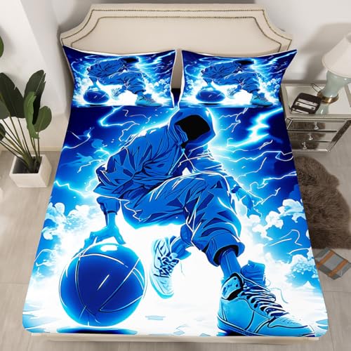 Erosebridal Boys Basketball Twin Fitted Sheet for Kids Teens, Cool Basketball Player Printed Bedding Set, Basketball Sports Theme Bed Sheets, Blue Thunder Lightning Sheets 2 Piece - color: Black Blue, size: Twin