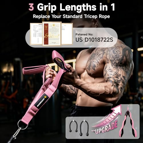 MANUEKLEAR 3 Grip Lengths in 1 Tricep Rope Cable Attachment with Ergonomic Handles, Greater ROM for Tricep Push Down Attachment Professional Gym Rope for Overhead Extension - color: Pink