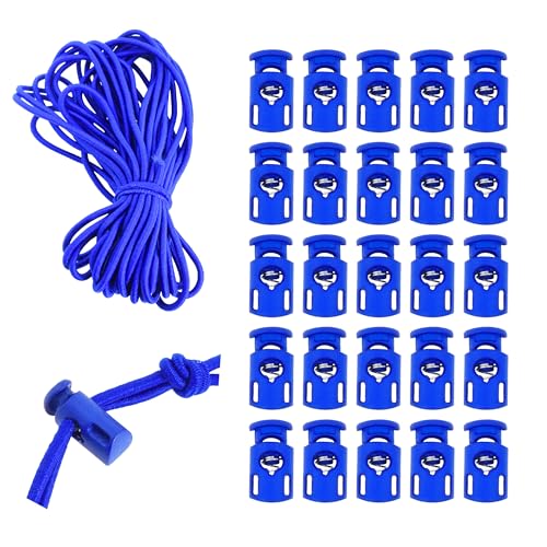 Mandala Crafts Blue Shock Cord & Cord Locks for Elastic Drawstrings | 10 YDs Bungee String, 25 Spring Toggle Clips, End Stopper Clamps, for Shoelaces, Paracord, Jackets, Hoodies, Backpacks - color: Blue
