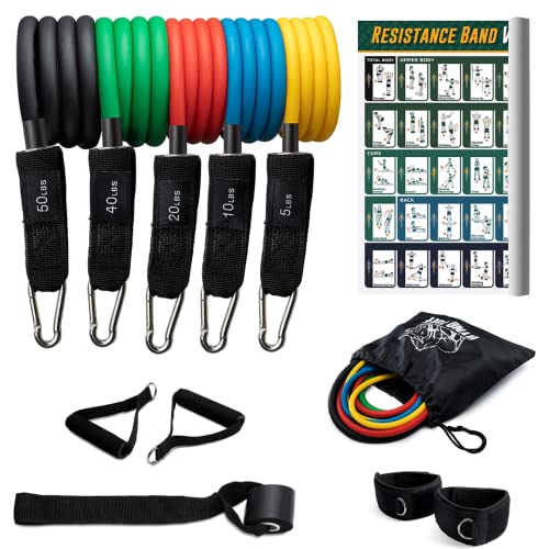 Ryno Tuff Resistance Bands Set - Exercise Bands With Handles 12 Piece Set Includes Bonus Resistance Band Workout Poster - 5 Workout Bands Combine Up To 125lbs Strength Training, Physical Therapy, Yoga