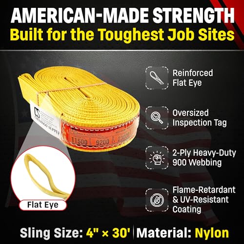 DD Sling 4 Inch x 30 Foot Nylon Lifting Sling – USA Made, 11,500 lb Vertical, 9,200 lb Choker, 23,000 lb Basket – 2-Ply Heavy Duty 900 Webbing, Type 3 Flat Eye & Eye Rigging Sling - size: 4"x30'