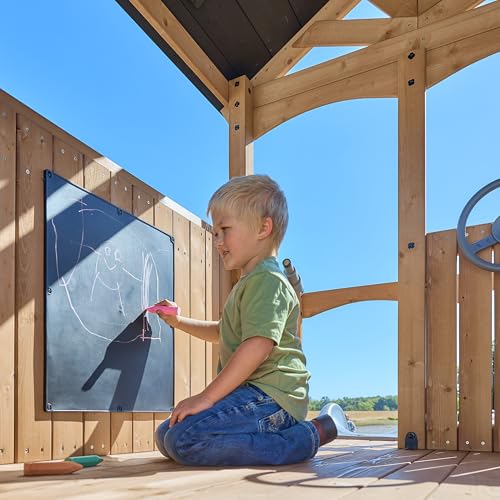 Backyard Discovery Dover Bay Spruce Wood Swing Set with Wave Slide, Clubhouse, Monkey Bars, Rock Wall, Belt Swings, Step Ladder, Toy Telescope, Chalkboard, Outdoor Playset - color: Grey Slide, style: Spruce