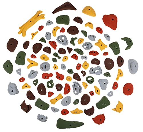 Atomik Rock Climbing Holds Set of 100 Bolt-On Rock-Like Crimpers, Pockets, Jugs and Footholds in Assorted Earth Tones