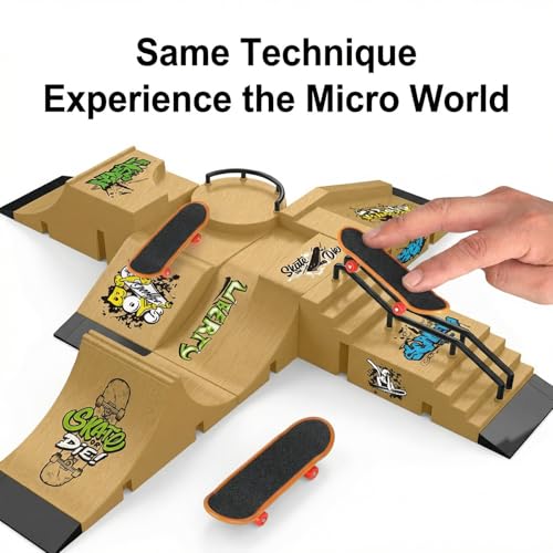 Fingerboard Skate Park Set Compatible with Tech Deck Skateboards, Includes 6 Ramps, 6 Fingerboards, and Obstacles, Ideal for Fingerboard Enthusiasts (Yellow)