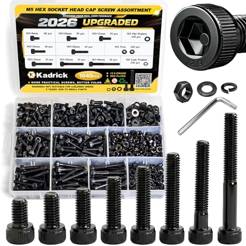 Kadrick M5 Screws Kit 1040PCS,M5x8mm-40mm Bolts with Nuts, Washers & Hex Wrench, Optimized Size Distribution, Class 12.9 Socket Head Cap M5 Screws, Black Zinc Plated, for Mechanical, Repair & DIY - size: M5 1040Pcs New