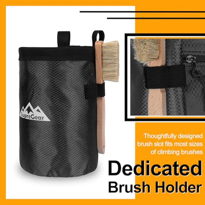 supregear Chalk Bag for Rock Climbing, Large Zipper Pocket with Brush Holder, Drawstring Closure, and Carabiner Clip, Ideal for Bouldering, Weightlifting, Gym - color: Black