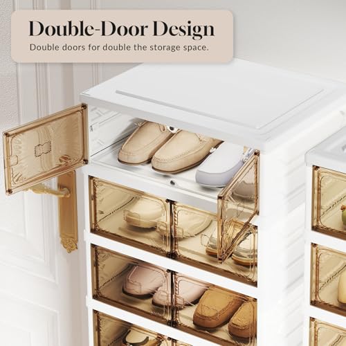 9-Tier Foldable Shoe Rack Organizer, 36 Pairs Stackable & Collapsible Shoe Cabinet with Transparent Doors & Leather Handles, Space-Saving Storage for Entryway, Closet, Kitchen, Cabinet, White - size: 9 Tiers