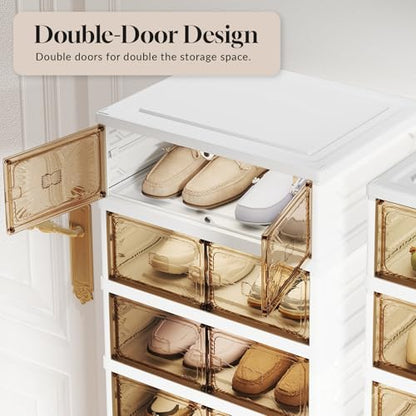 9-Tier Foldable Shoe Rack Organizer, 36 Pairs Stackable & Collapsible Shoe Cabinet with Transparent Doors & Leather Handles, Space-Saving Storage for Entryway, Closet, Kitchen, Cabinet, White - size: 9 Tiers