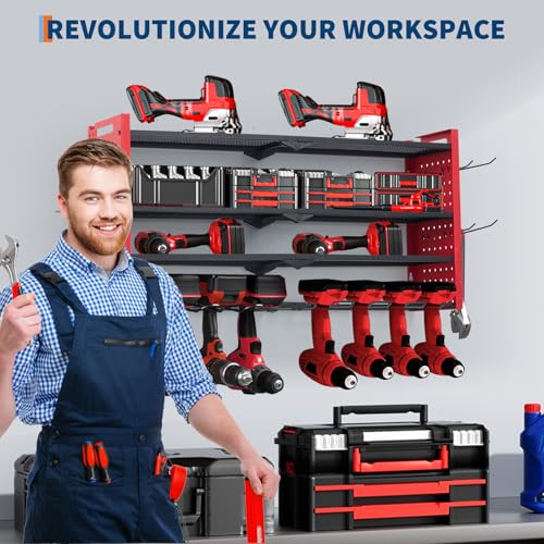 TrailBlaze Heavy Duty Power Tool Organizer Wall Mount – 4-Layer Metal Tool Storage Rack with 8 Drill Slots & Hooks, 400lbs Capacity, Garage Workbench Drill Holder – Hanging Board Style, 4 Layers 8