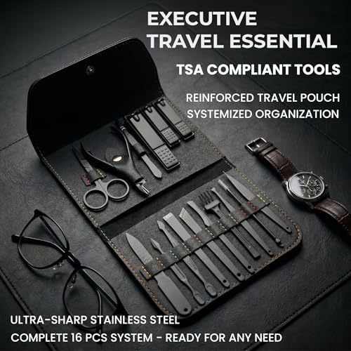 Earth & I Manicure Kit for Men: TSA Compliant Nail Clipper Grooming Set | Precision forged surgical stainless steel grooming tools. TSA-compliant satin black travel vault & premium gift box for men.