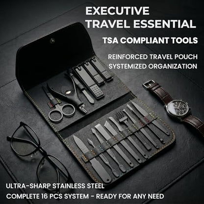 Earth & I Manicure Kit for Men: TSA Compliant Nail Clipper Grooming Set | Precision forged surgical stainless steel grooming tools. TSA-compliant satin black travel vault & premium gift box for men.