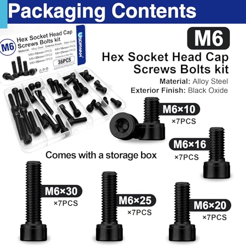 35PCS M6 Hex Socket Head Screws Assortment, 10-30mm | Includes 10mm, 16mm, 20mm, 25mm, 30mm, 35mm, 40mm, 45mm, 50mm, 55mm, 60mm, 65mm, 70mm, 75mm and 80mm lengths, Full thread - style: 35 PCS M6 × 10mm / 16mm / 20mm / 25mm / 30mm Black 304 Stainless Steel
