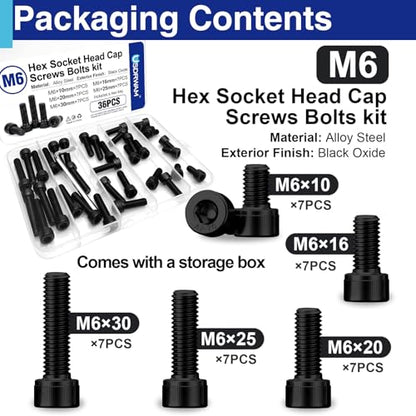 35PCS M6 Hex Socket Head Screws Assortment, 10-30mm | Includes 10mm, 16mm, 20mm, 25mm, 30mm, 35mm, 40mm, 45mm, 50mm, 55mm, 60mm, 65mm, 70mm, 75mm and 80mm lengths, Full thread - style: 35 PCS M6 × 10mm / 16mm / 20mm / 25mm / 30mm Black 304 Stainless Steel