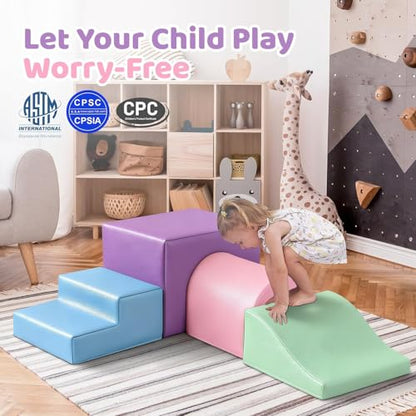Sumbababy Soft Climbing Blocks Set for Toddlers: 4 PCS Foam Play Structures with Tunnel - Indoor Playground for Kids with Slide and Stairs - Safe Play Gym for Boys and Girls - style: Macaron/Pink/Blue