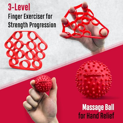 FitBeast Grip Strength Trainer, Hand Gripper Strengthener Kit - 6 Pack with Adjustable Resistance Forearm Strengthener, Forearm Exerciser and Massage Balls for Hand Therapy, Grip Training - color: Red