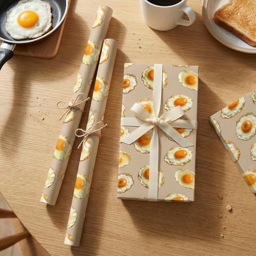 Liobelon Fried Egg Wrapping Paper Roll – 17" x 16.5 Ft Sunny Side Up Gift Wrap with Cute Egg Pattern, Breakfast Themed Wrapping Paper for Food Lover, Kitchen Gift, Brunch Birthday Party Supplies - color: Fried Egg