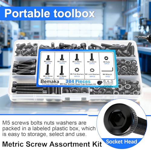 304PCS M5 Screws Kit, M5x8/12/16/20/30/35mm Hex Socket Head Cap Screws Bolts Nuts Washers Kit, 12.9 Grade Alloy Steel Metric Machine Screw for 3D Printing - size: M5 x 8/12/16/20/30/35mm, style: Socket Head