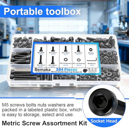 304PCS M5 Screws Kit, M5x8/12/16/20/30/35mm Hex Socket Head Cap Screws Bolts Nuts Washers Kit, 12.9 Grade Alloy Steel Metric Machine Screw for 3D Printing - size: M5 x 8/12/16/20/30/35mm, style: Socket Head