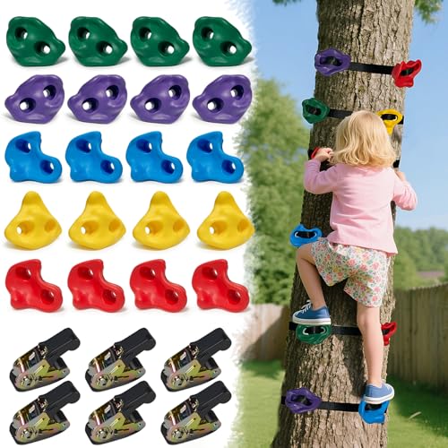 20 PCS Ninja Tree Climbing Holds for Kids, Adult Rock Wall Holds Climbing Rock Wall Grips for Indoor and Outdoor Playground Play Set with 6 Ratchet Straps - color: 20 Pcs-multicolor
