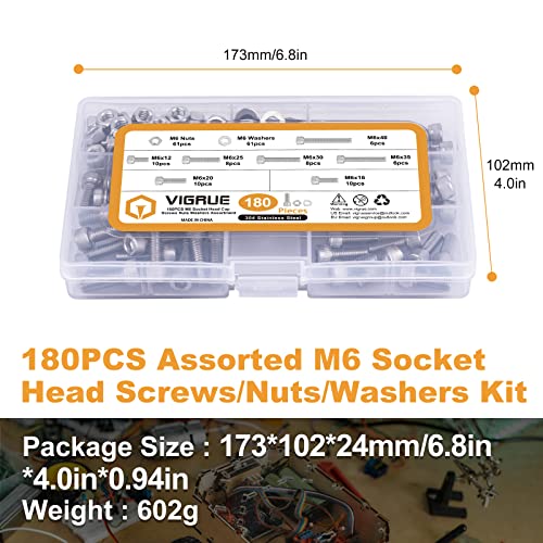 VIGRUE 180Pcs M6 Stainless Bolt Kit, M6x12/16/20/25/30/35/40mm Hex Socket Head Cap Screws Nuts Washers Assortment, Full UNC Thread - size: m6 socket stainless 12-40mm