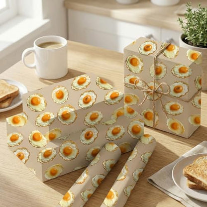 Liobelon Fried Egg Wrapping Paper Roll – 17" x 16.5 Ft Sunny Side Up Gift Wrap with Cute Egg Pattern, Breakfast Themed Wrapping Paper for Food Lover, Kitchen Gift, Brunch Birthday Party Supplies - color: Fried Egg