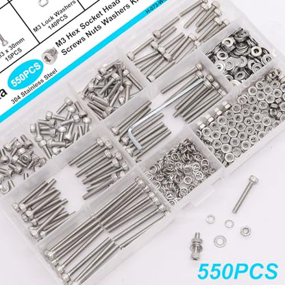 550PCS M3 Screw Kit, M3 x 6/8/12/16/20/25/30mm Hex Socket Head Cap Screws Bolts Nuts Washers Assortment Kit, 304 Stainless Steel Metric Bolts with Hex Wrench - size: SS M3 x 6/8/12/16/20/25/30mm, style: Socket Head