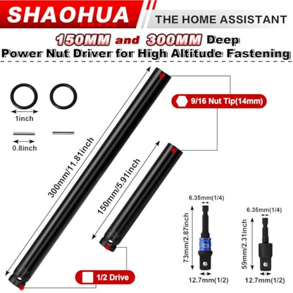 9/16"(14mm) Nut Driver 6" 12", Deep Nut Runner Hollow Socket w/ 1/4" Hex Shank Adapter, 1/2" Drive 9/16 Socket for Ceiling Long Threaded Rod Bolts/Ductwork, 2 Lengths for Overhead Fastening - size: F. 9/16(14mm) 6" 12"
