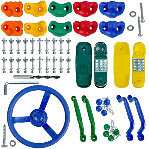 KINSPORY 17 Pack Playground Accessories for Kids - 10pc Colourful Rock Climbing Holds, 4pc Climbing Handles & Grips, 2pc Play Phones and Steering Wheel for Wooden Playset, Swing Set & Tree House